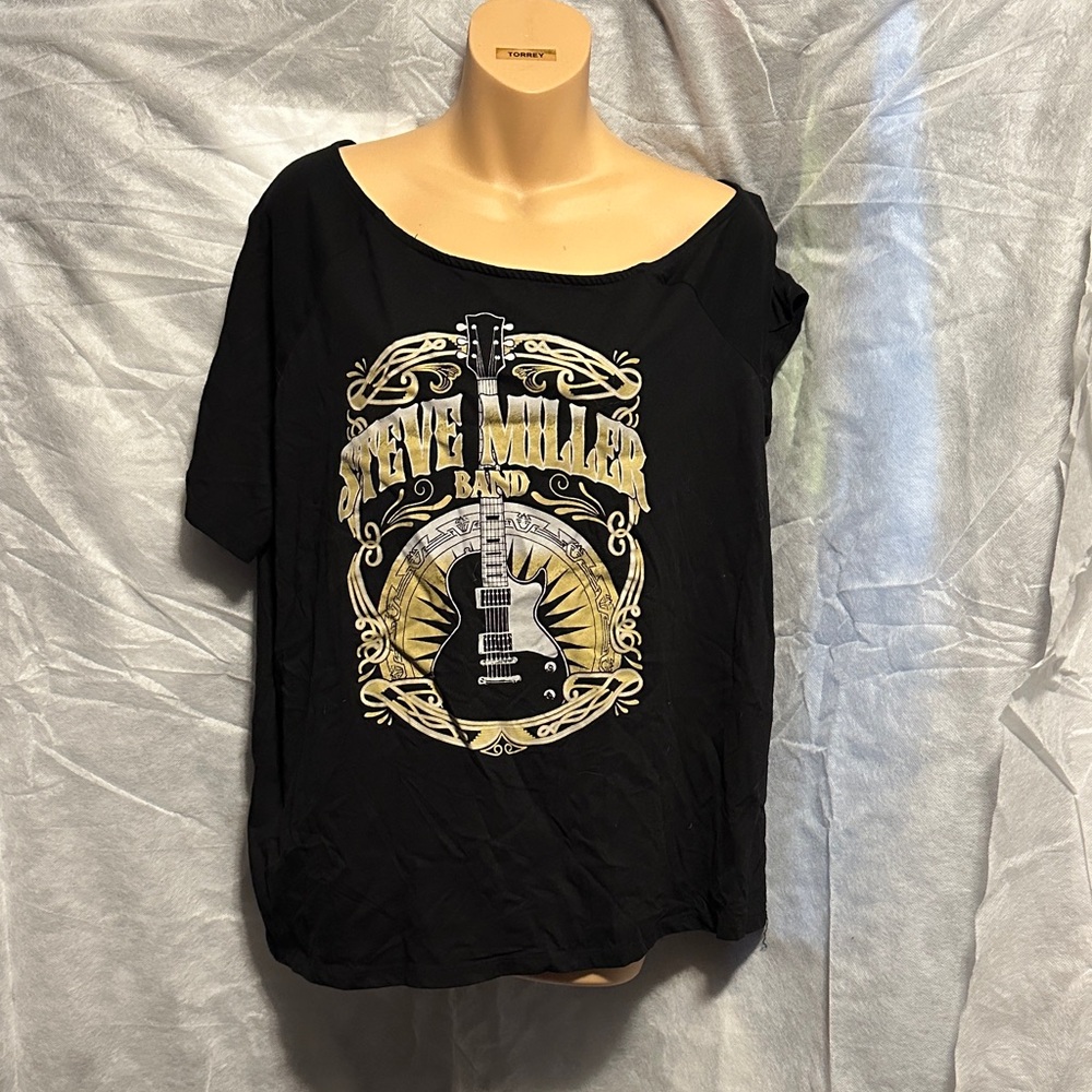 Black Graphic Tee with Gold and White Design